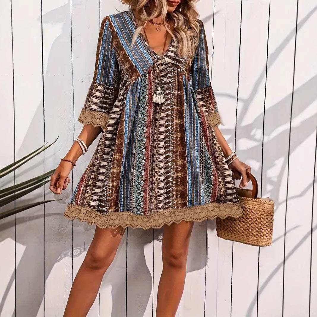 Boho V-Neck Loose Printed Beach Dress for Women - ZA-Zola