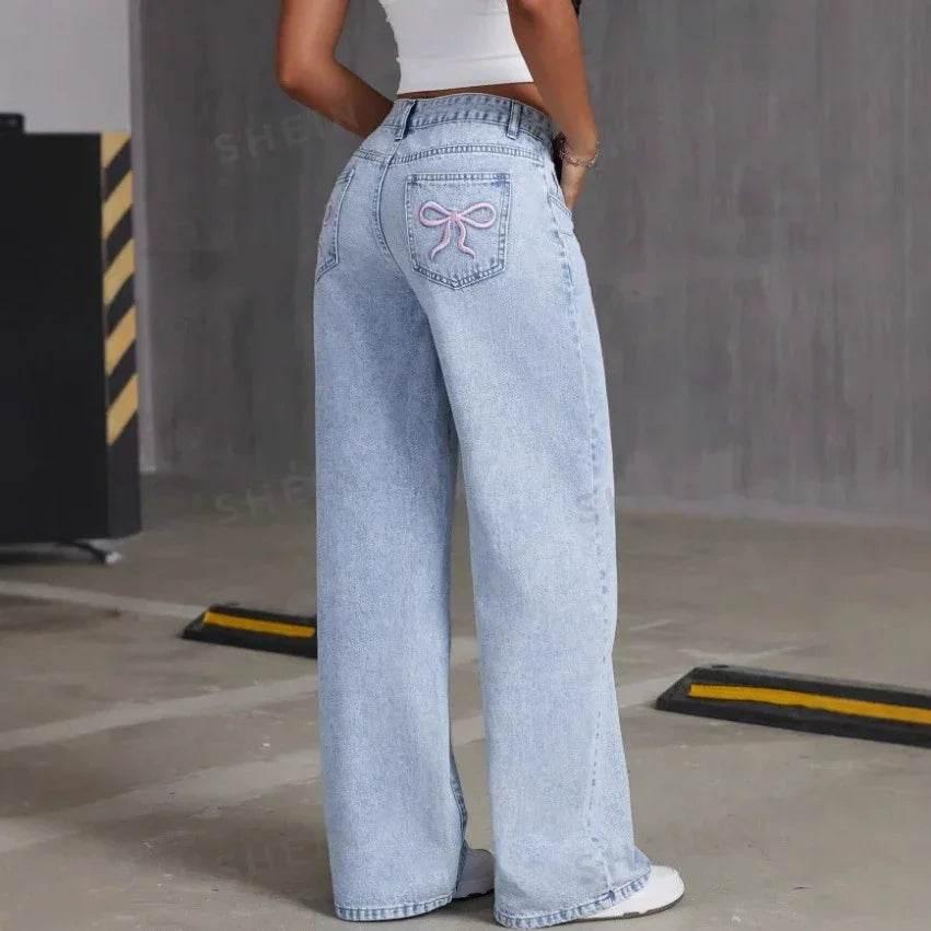 Vintage Bow Washed Straight Jeans for Women - ZA-Zola