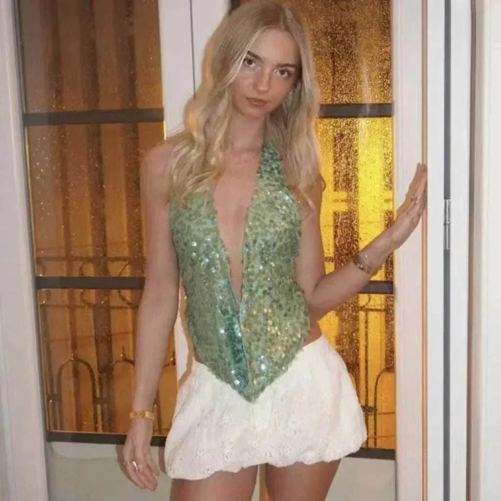 Sequin Halter Backless Vacation Party Top - ZA-Zola