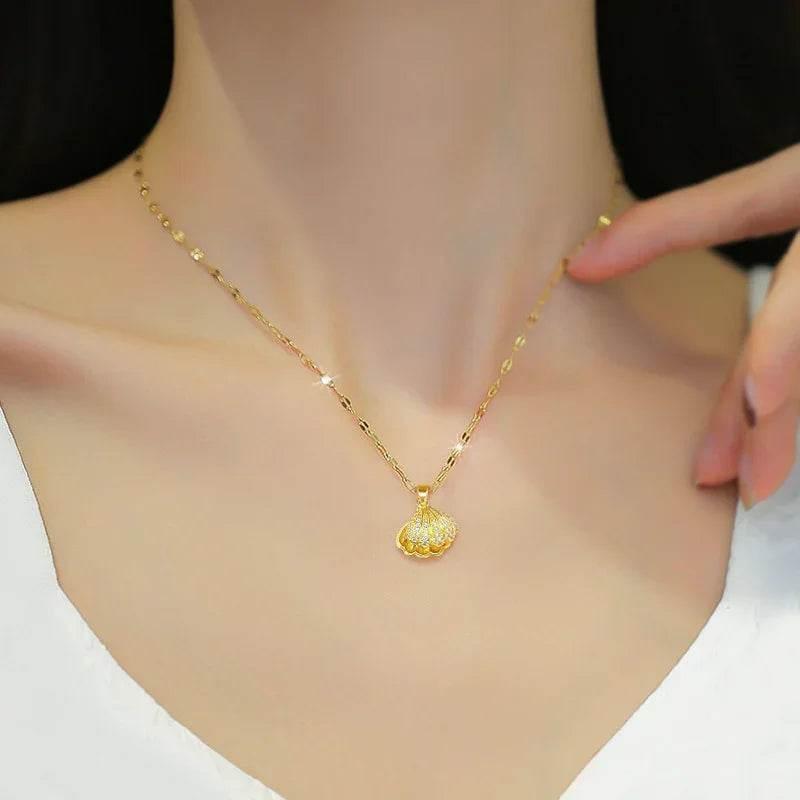 Shell Pearl & Rhinestone Titanium Necklace - ZA-Zola