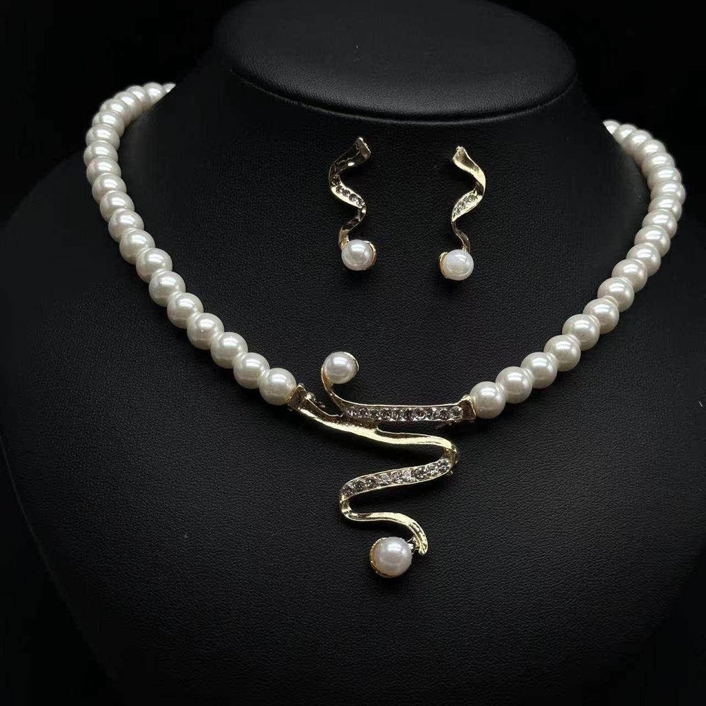 Deep V Clavicle Pearl Necklace & Earrings Set - ZA-Zola