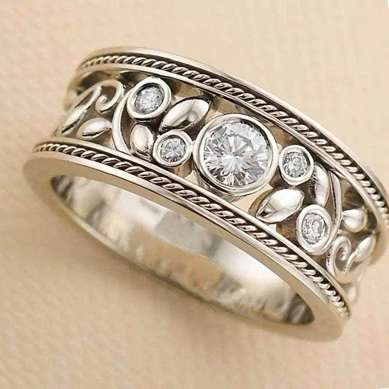 Retro Baroque Floral Wide Ring in White Gold Tone - ZA-Zola