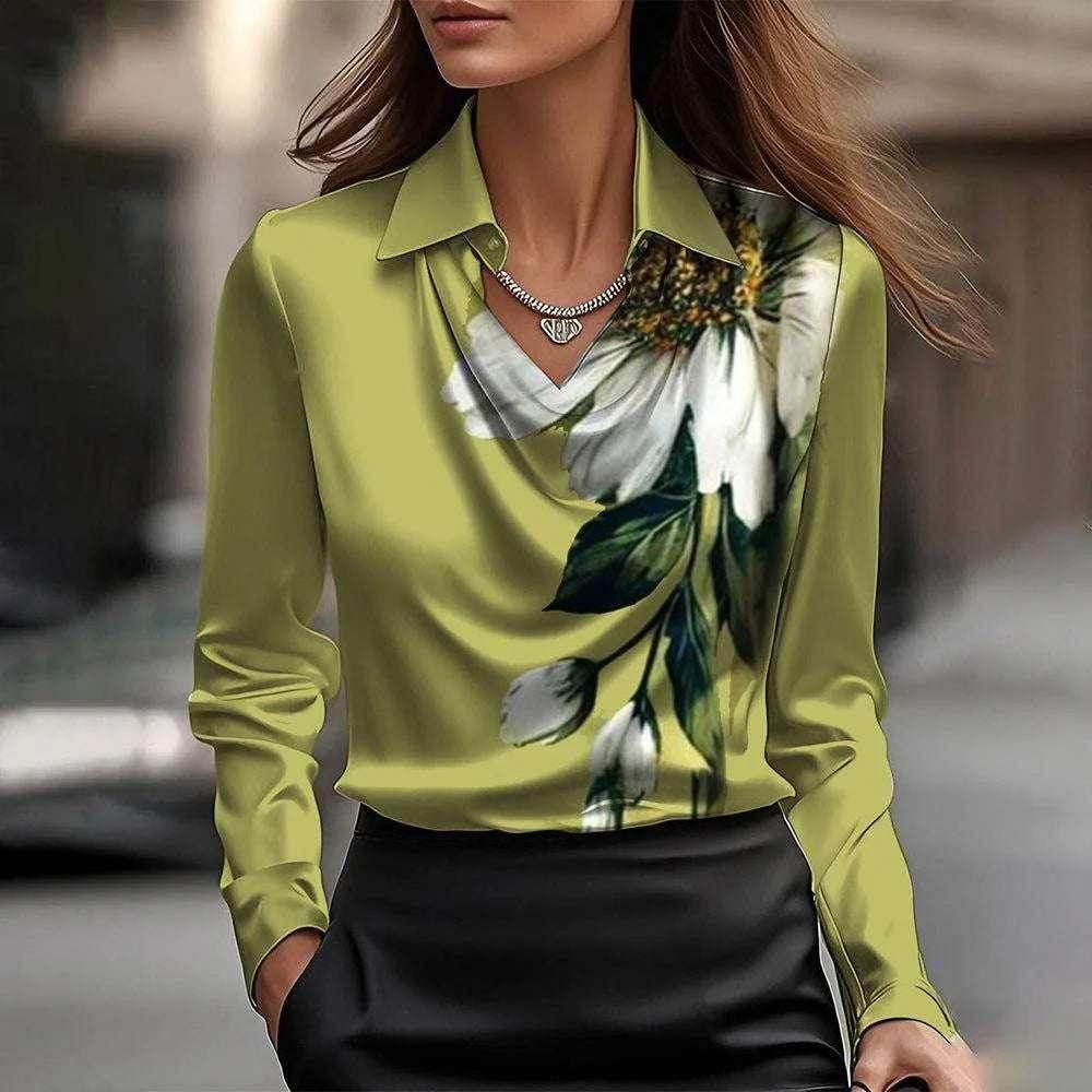 Elegant Satin Draped Swing Collar Blouse - ZA-Zola