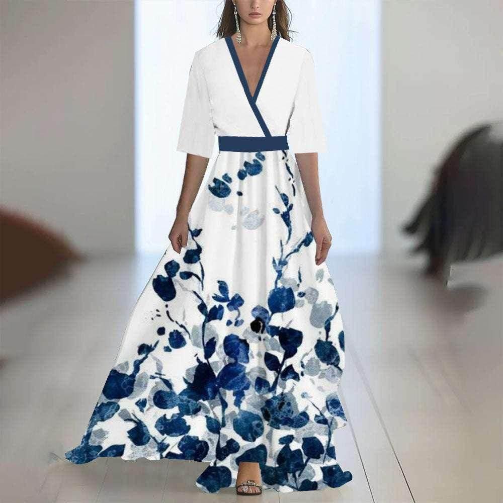 Floral Patchwork V-Neck Belted Maxi Dress - ZA-Zola