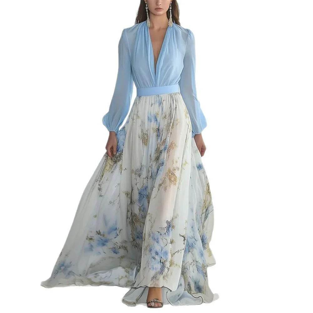 Floral Patchwork V-Neck Belted Maxi Dress - ZA-Zola