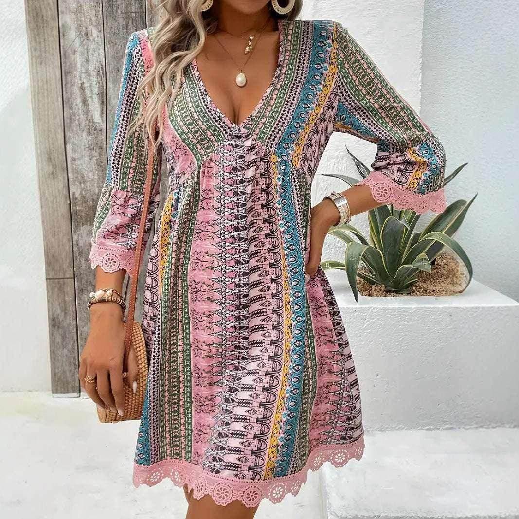 Boho V-Neck Loose Printed Beach Dress for Women - ZA-Zola