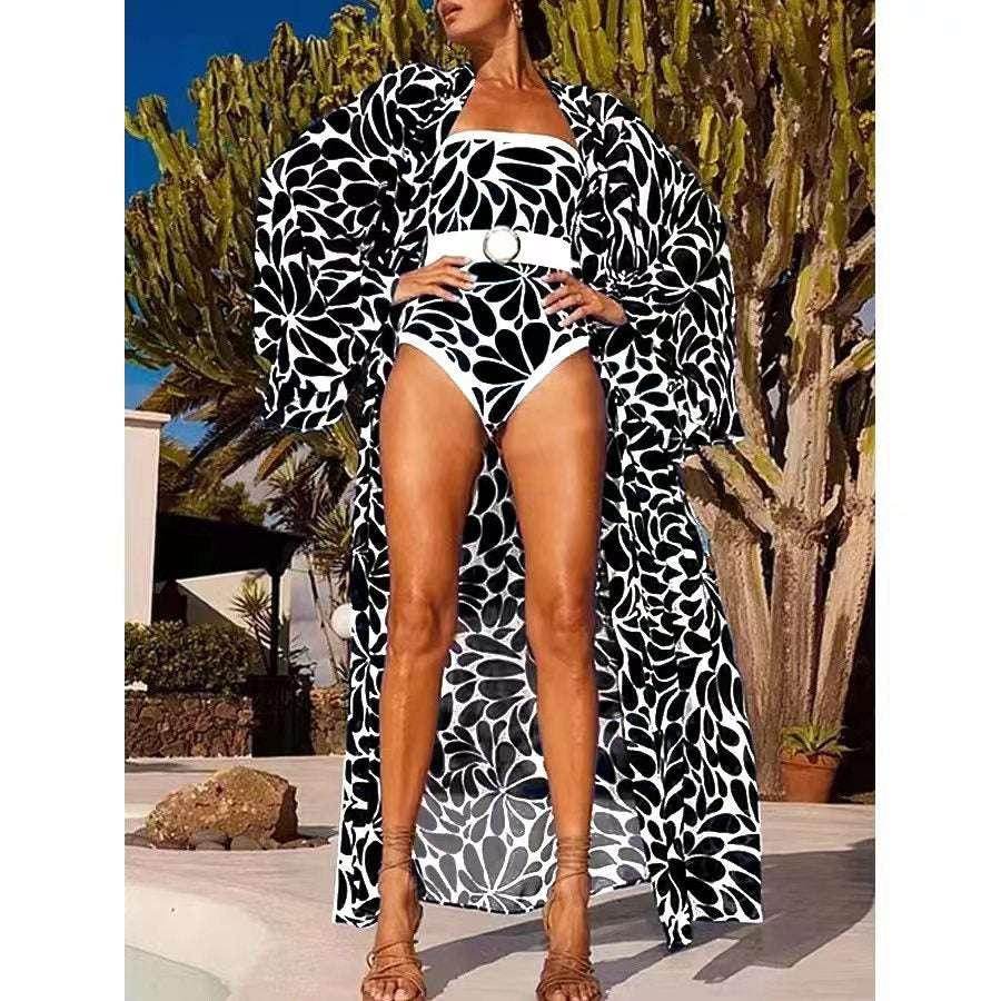 Printed Long Sleeve One-Piece Swimsuit – Floral Design - ZA-Zola