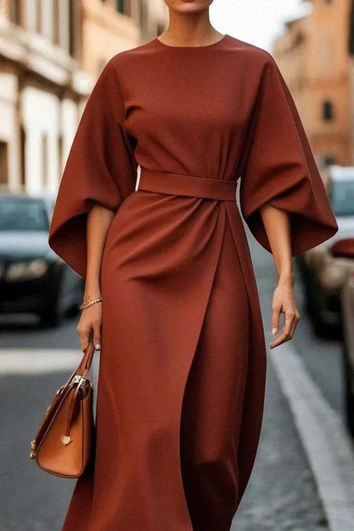 Loose Batwing Sleeve Waist-Tight Dress - ZA-Zola