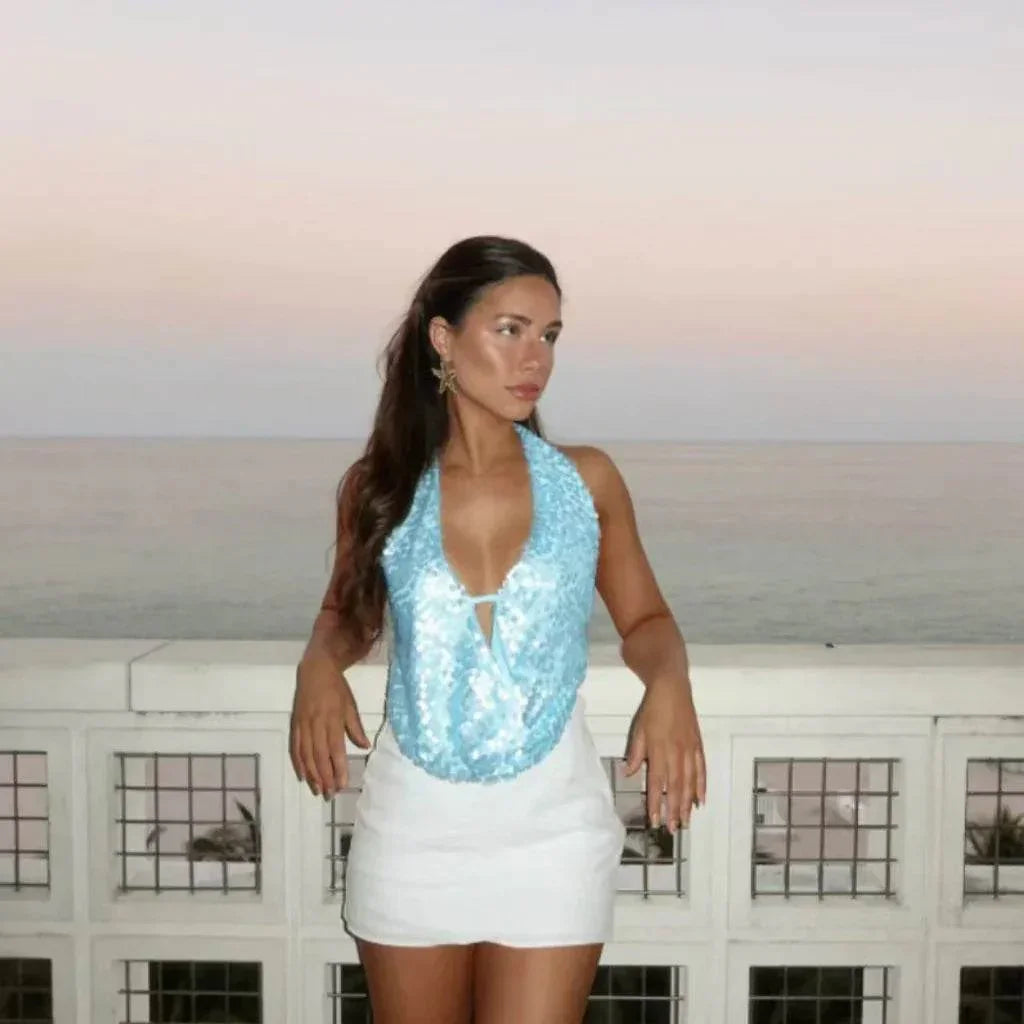 Sequin Halter Backless Vacation Party Top - ZA-Zola