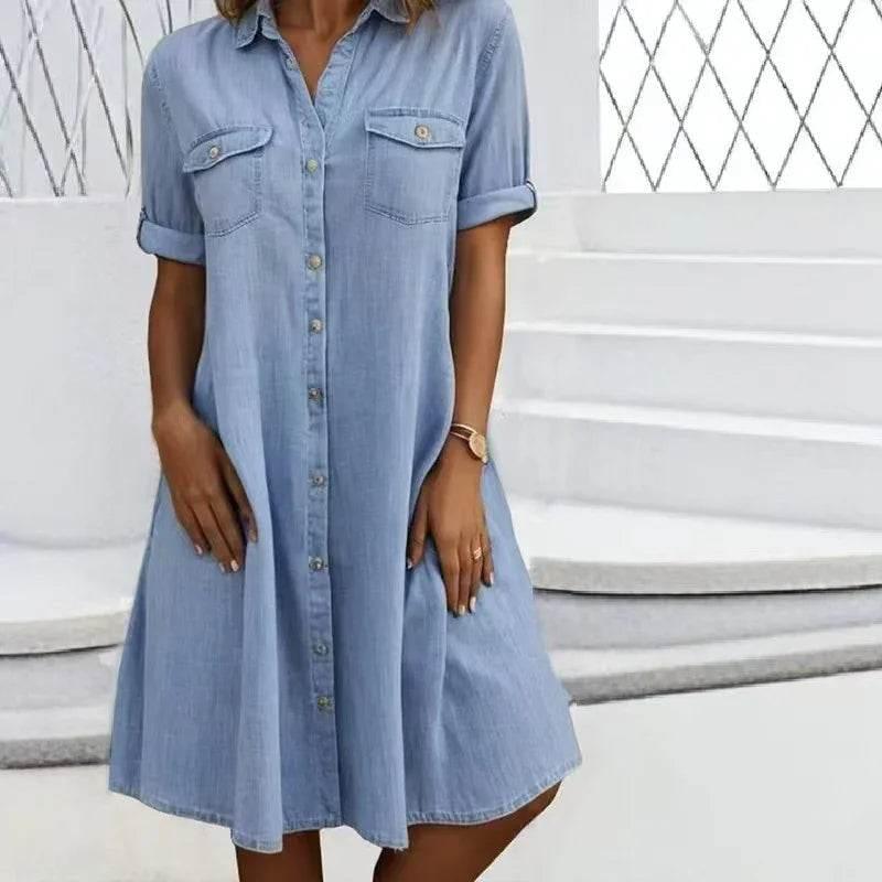 Women’s Loose Fit Denim Cotton Shirt Dress - ZA-Zola