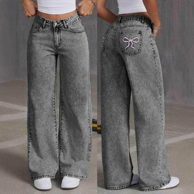 Vintage Bow Washed Straight Jeans for Women - ZA-Zola