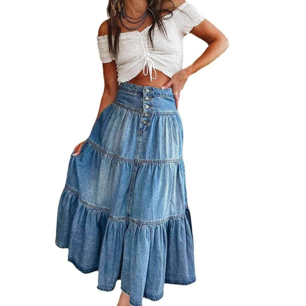 Bohemian A-Line Layered Denim Skirt - Street Hipster Style - ZA-Zola