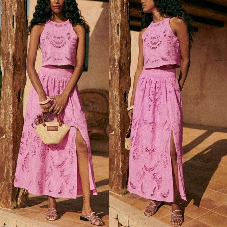 Woman in pink crochet matching set with side-slit skirt, straw bag, and sandals outdoors, ZA-Zola fashion