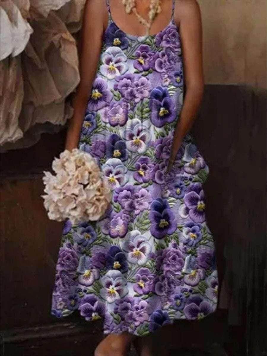 Floral Art Print Holiday Dress – Long Sleeve Sling Style (S–5XL) - ZA-Zola