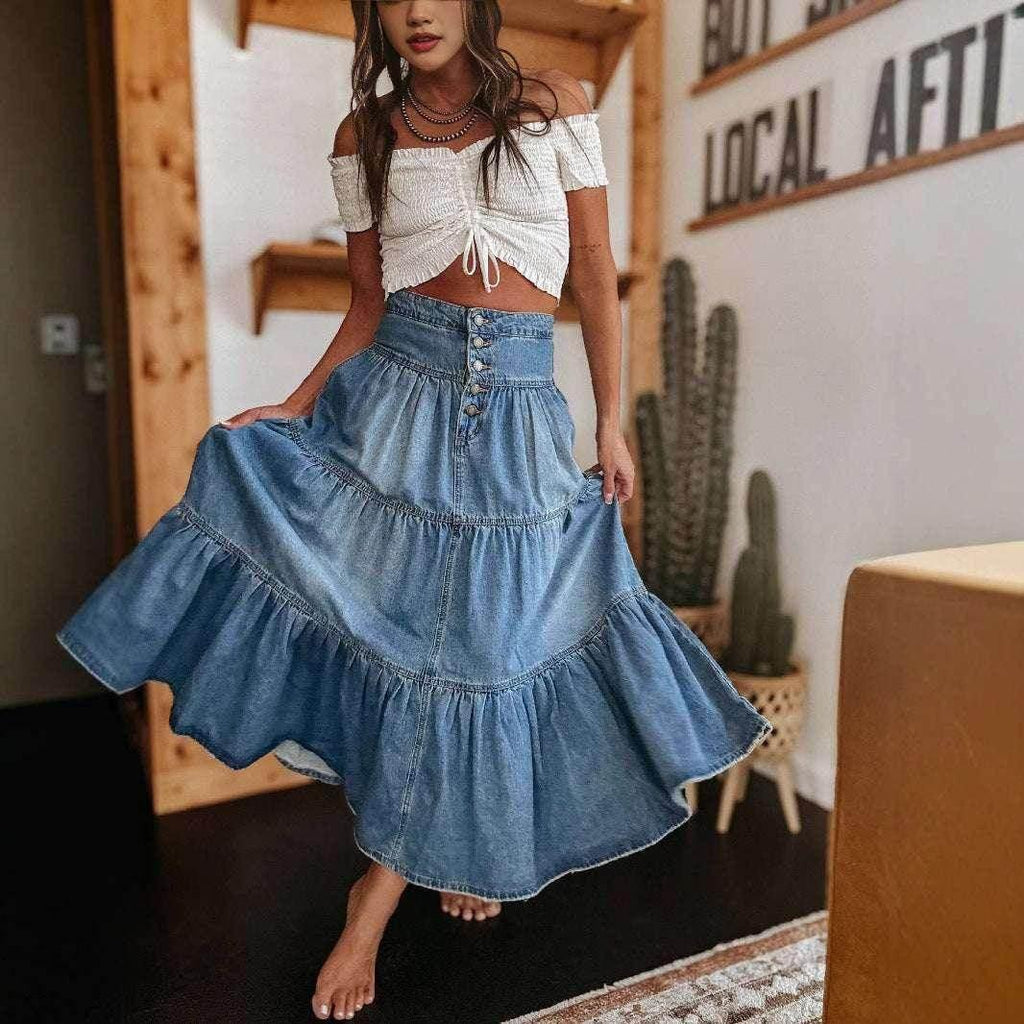 Bohemian A-Line Layered Denim Skirt - Street Hipster Style - ZA-Zola