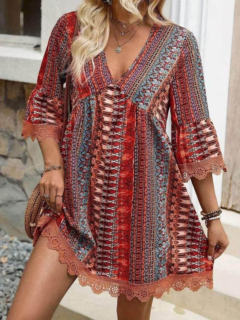 Boho V-Neck Loose Printed Beach Dress for Women - ZA-Zola