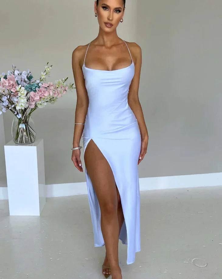 Premium Satin Sleeveless Backless Lace-Up Dress – Sultry Socialite Style - ZA-Zola