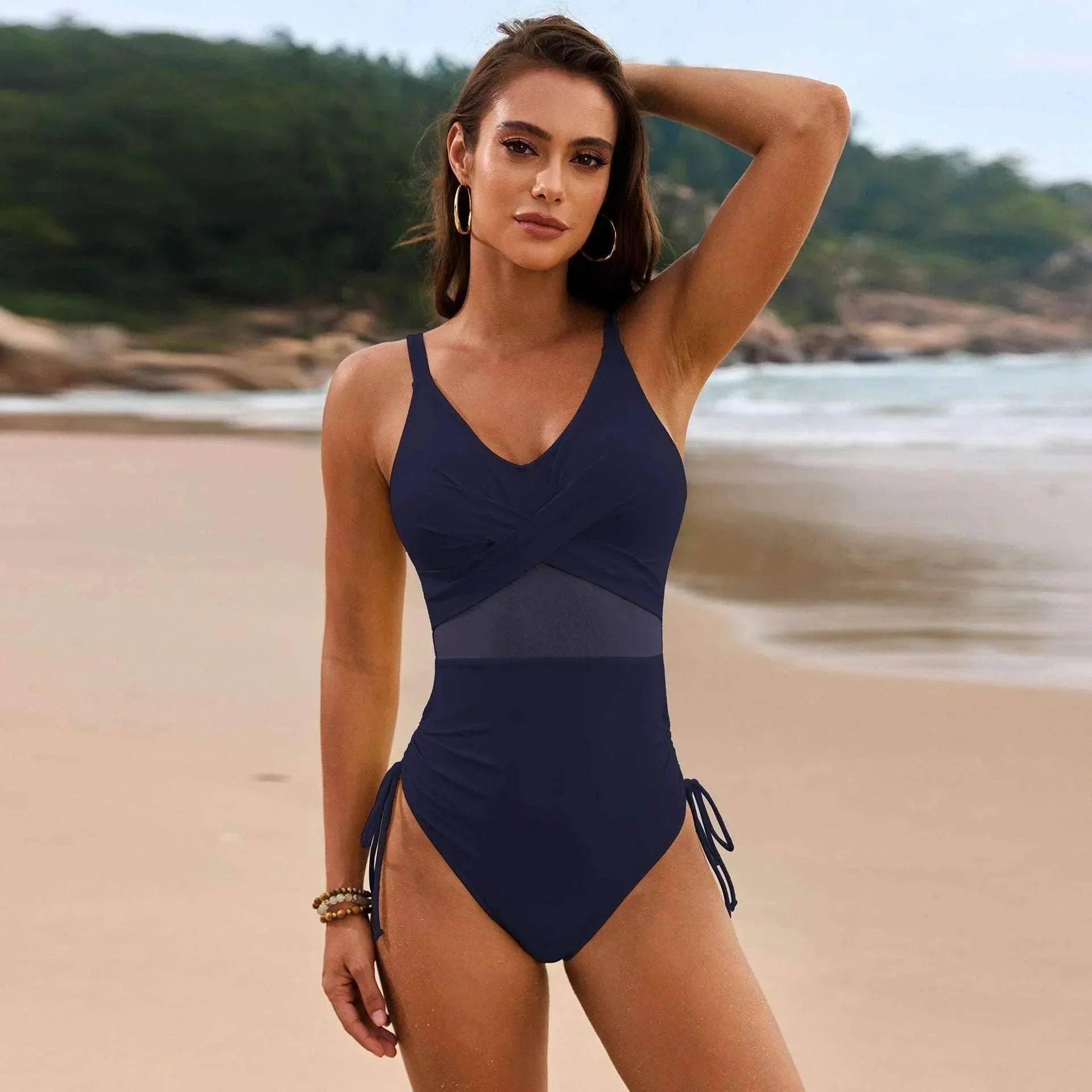 Women's Pure Color Mesh Drawstring One-Piece Swimsuit (S–XXL) - ZA-Zola