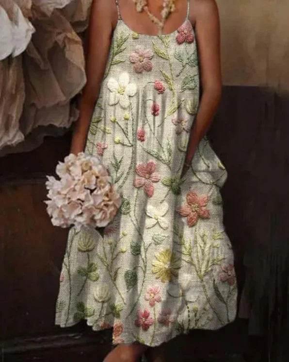 Floral Art Print Holiday Dress – Long Sleeve Sling Style (S–5XL) - ZA-Zola