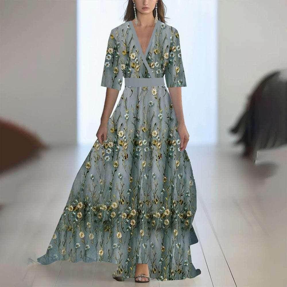Floral Patchwork V-Neck Belted Maxi Dress - ZA-Zola