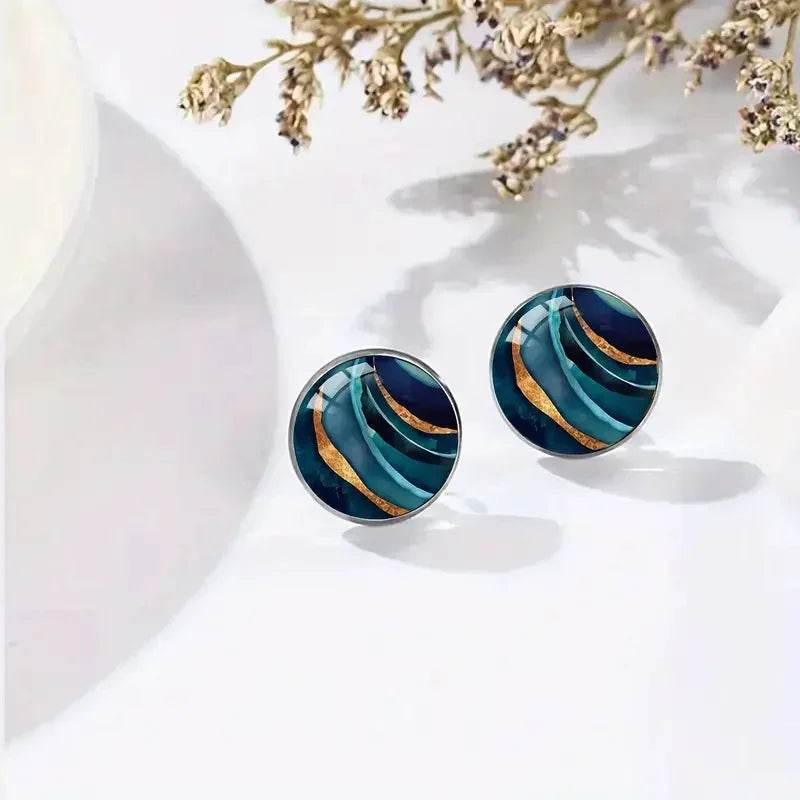 Marble Round Glass Stud Earrings – Unisex Style - ZA-Zola