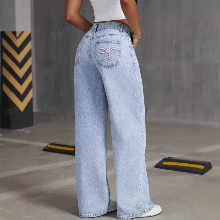 Vintage Bow Washed Straight Jeans for Women - ZA-Zola