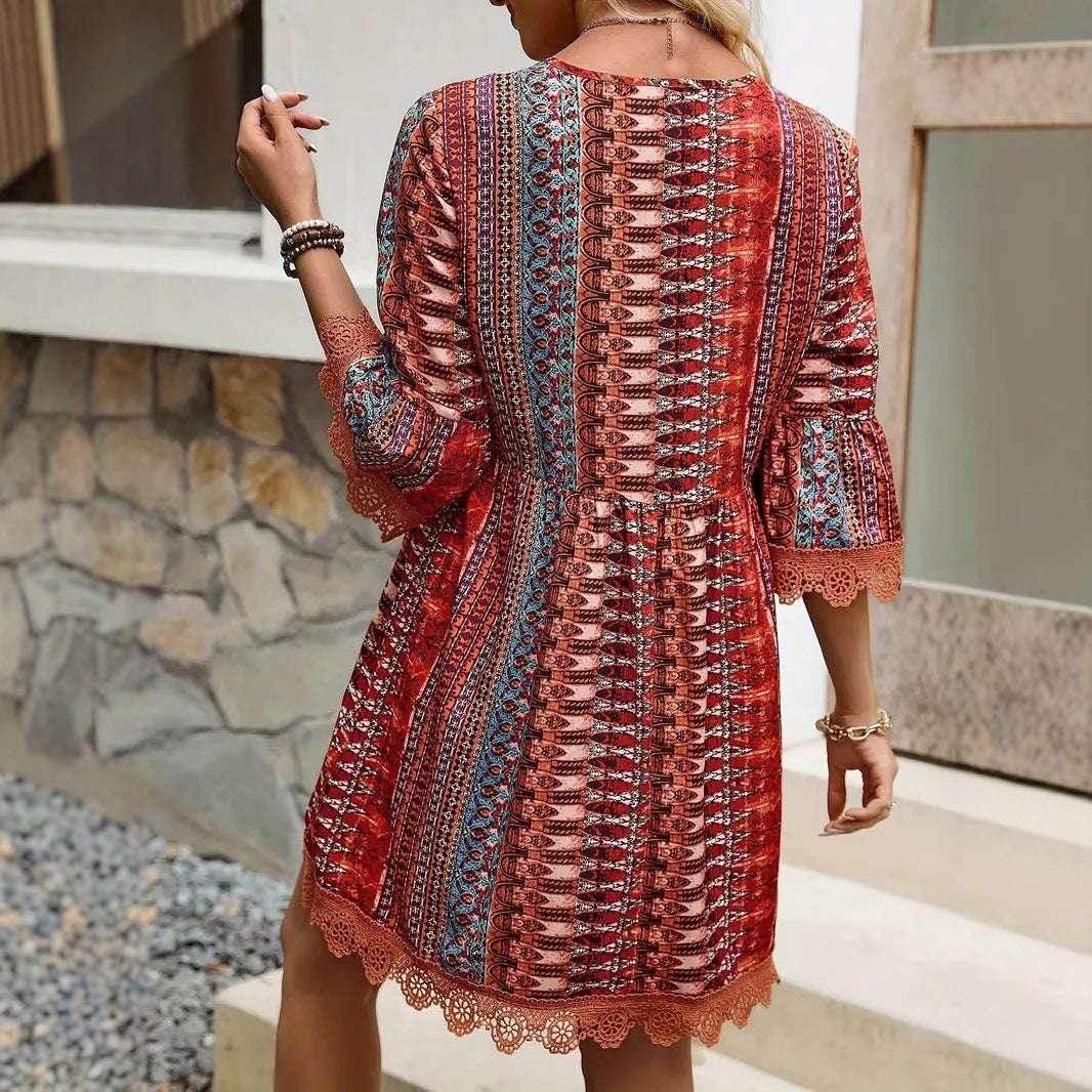 Boho V-Neck Loose Printed Beach Dress for Women - ZA-Zola