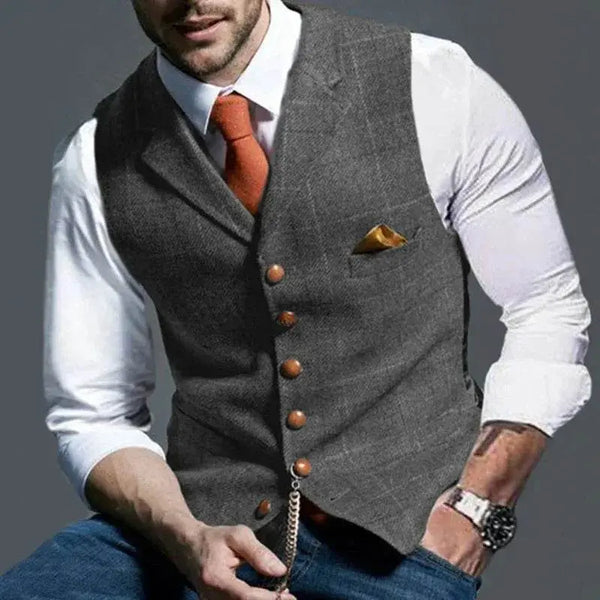 Men's grey plaid slim-fit lapel vest with brown buttons, white shirt, orange tie, by ZA-Zola