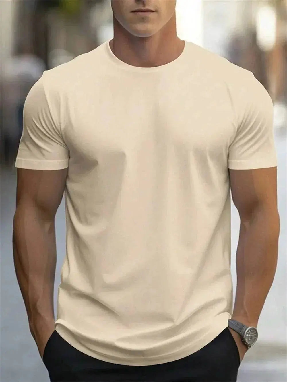 ZA-Zola men's loose fit beige t-shirt, casual street style fashion, short sleeves