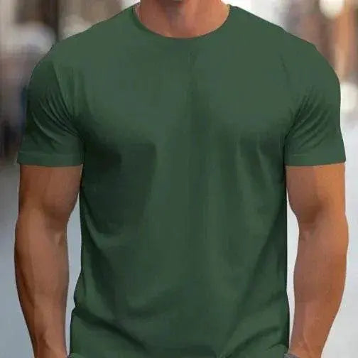 Man wearing a green short-sleeve t-shirt, styled for ZA-Zola fashion collection