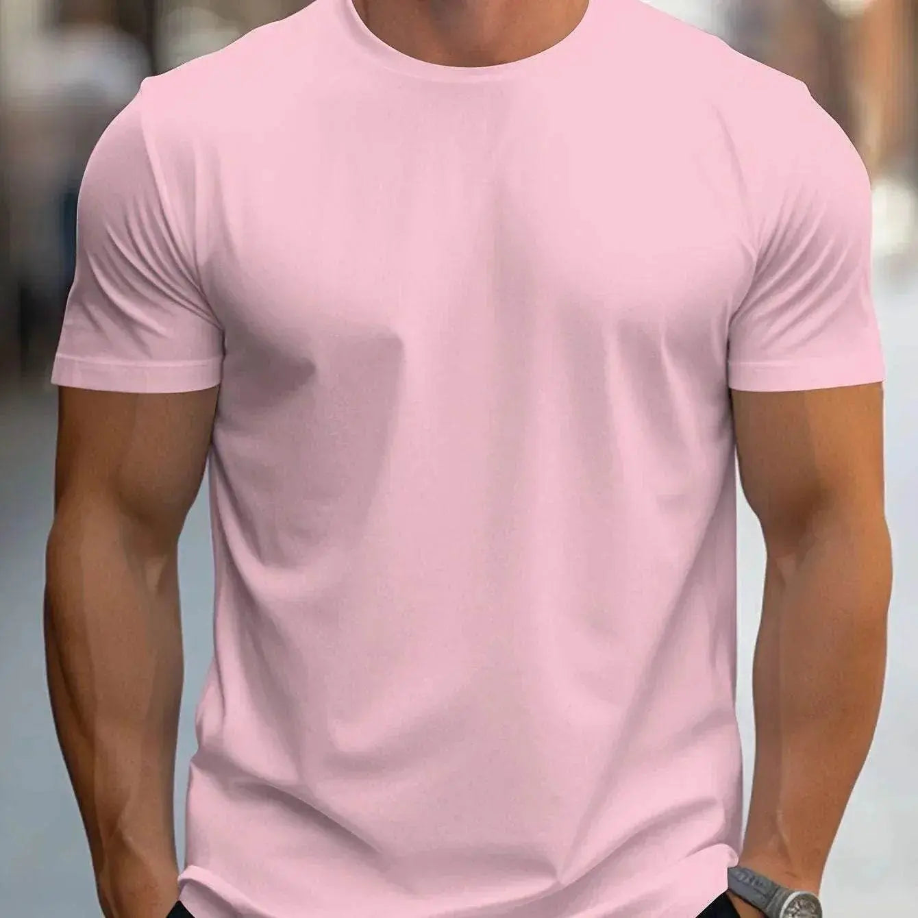 Men's pastel pink short-sleeve T-shirt, casual fit, ZA-Zola fashion streetwear