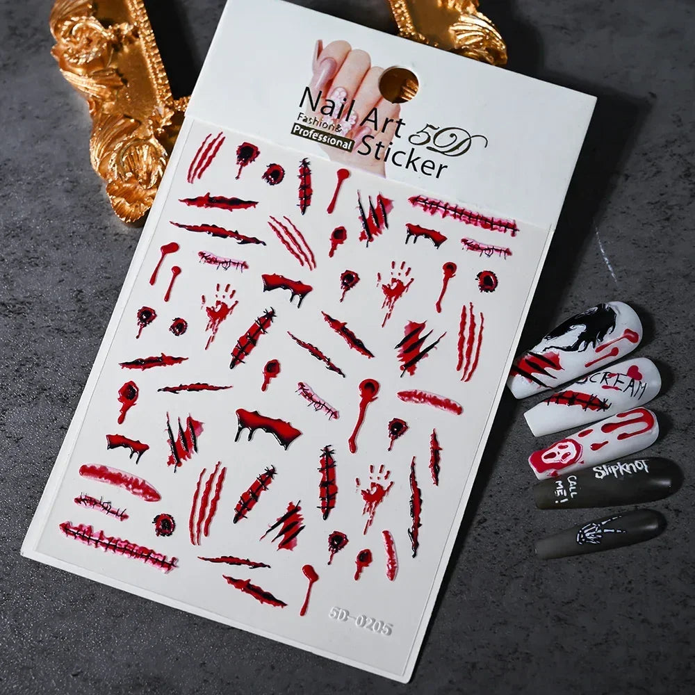 3D Halloween nail art stickers with blood splatter, scar, and horror designs for spooky manicures