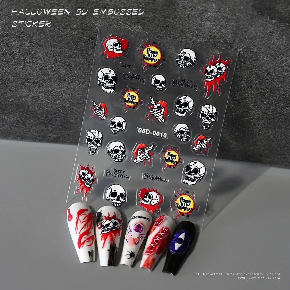 Halloween 5D embossed nail stickers with skull, spider, and spooky blood designs for nail art