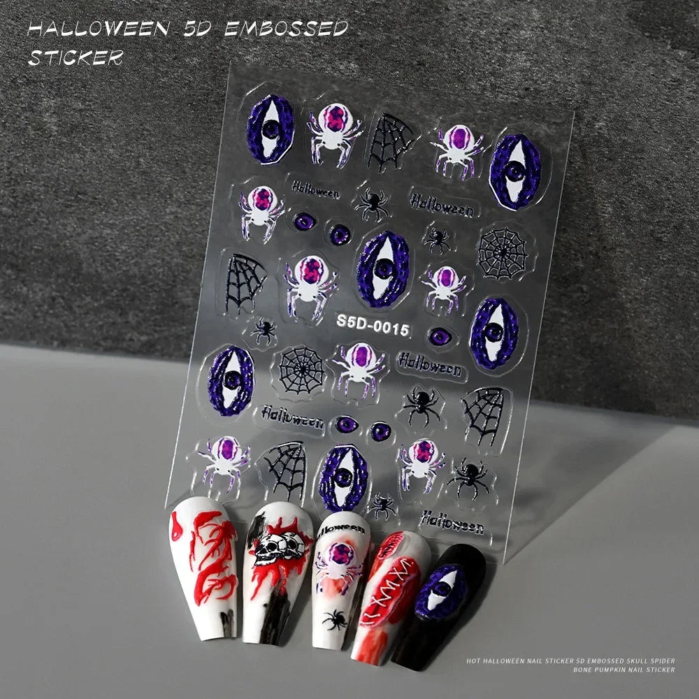 Halloween 5D embossed nail stickers with spider, web, and creepy eye designs, shown on fake nails.