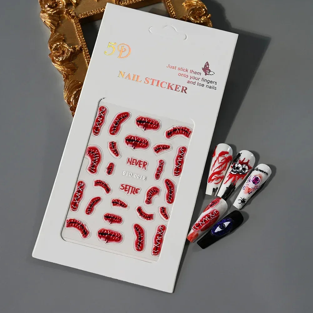 5D nail sticker set with red mouth designs, Halloween themed press-on nails on grey table