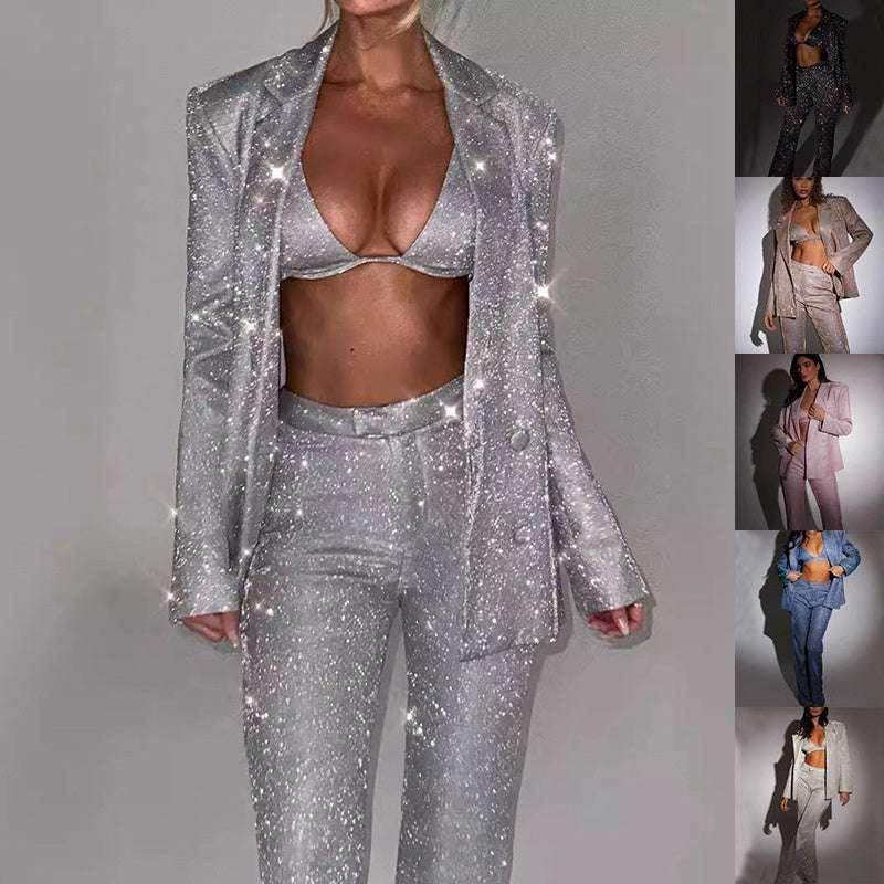 Sparkly sequin bra, blazer, and trousers party suit set from ZA-Zola for women