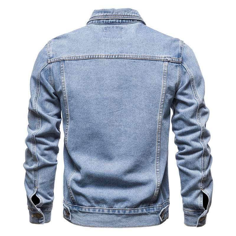 Slim fit light blue cotton denim jacket for men, back view, ZA-Zola fashion