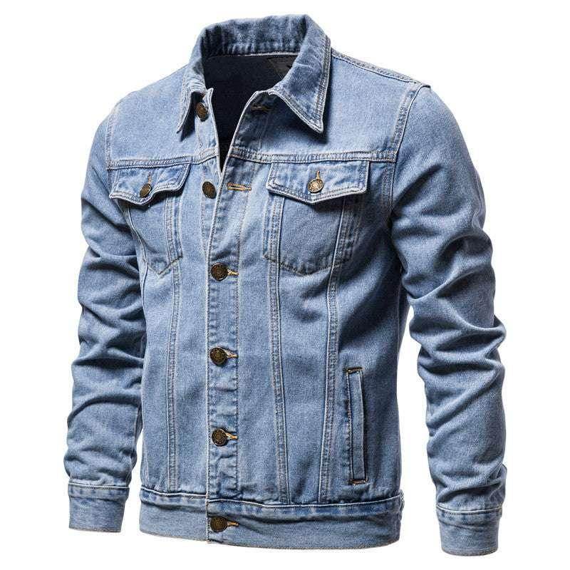 Slim fit cotton denim jacket for men in light blue from ZA-Zola, front view on white background.