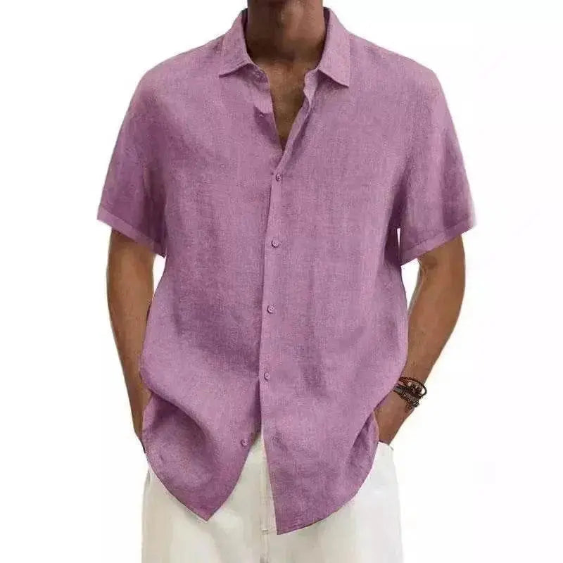 Men's pink v-neck cotton linen shirt with short sleeves from ZA-Zola, minimalist style