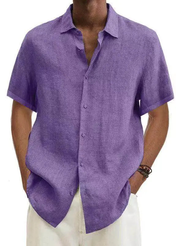 Men's purple V-neck cotton linen shirt, short sleeves, stylish summer ZA-Zola fashion
