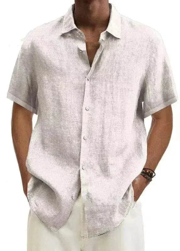 Men’s minimalist V-neck cotton linen shirt in light beige from ZA-Zola fashion.