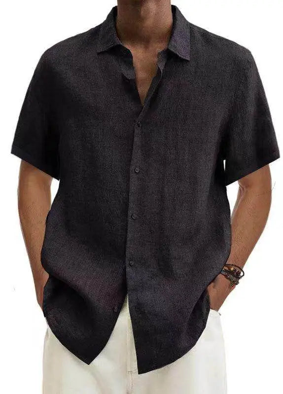 Minimalist black V-neck cotton linen shirt for men from ZA-Zola, short sleeves, relaxed fit.