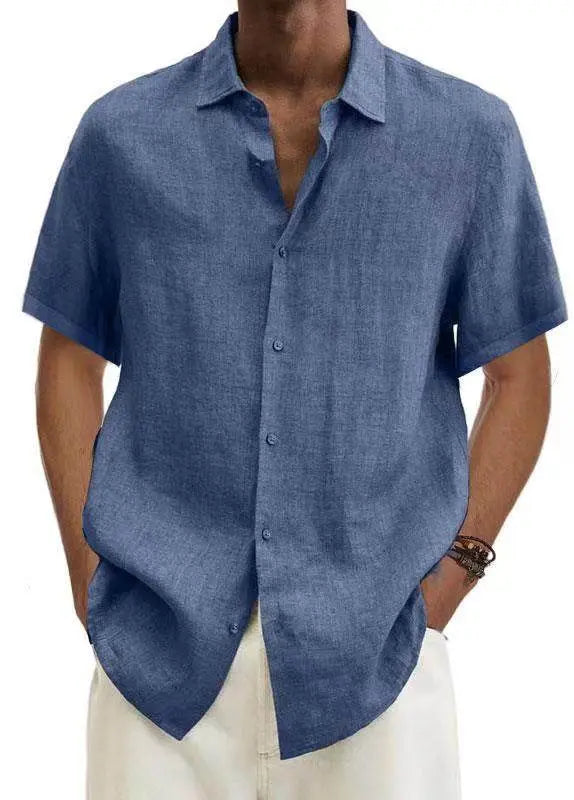 Men's blue V-neck cotton linen shirt with short sleeves, minimalist style from ZA-Zola.