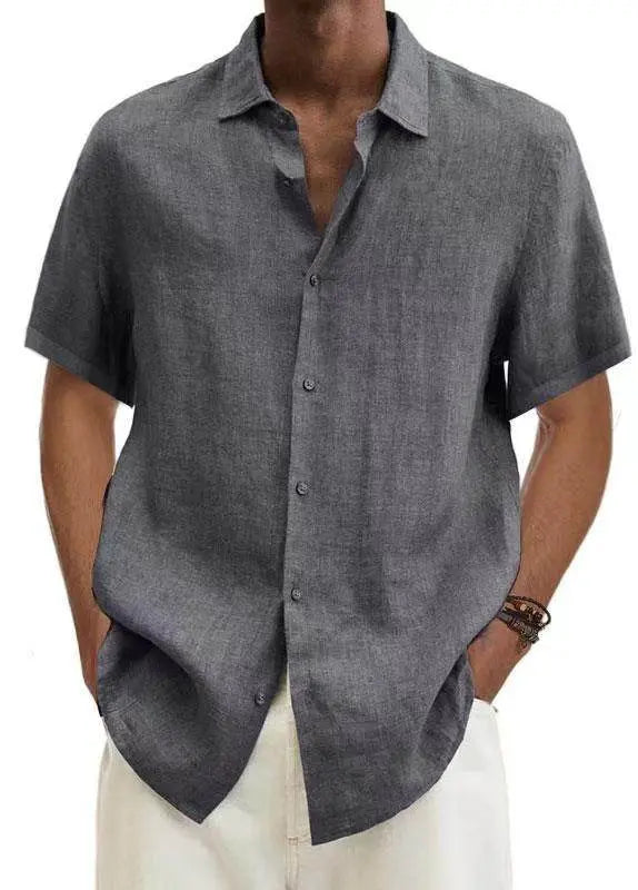 Minimalist dark grey V-neck cotton linen shirt from ZA-Zola, short sleeves, relaxed fit