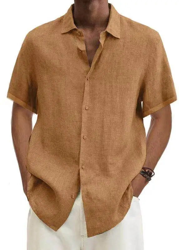 Minimalist brown V-neck cotton linen shirt from ZA-Zola, short sleeves, relaxed fit