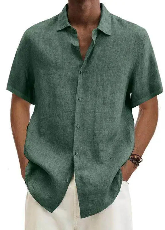 Men's green V-neck cotton linen shirt with short sleeves, minimalist style from ZA-Zola