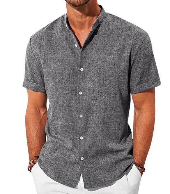 Men's grey V-neck cotton linen shirt, short sleeves, minimalist style from ZA-Zola UK