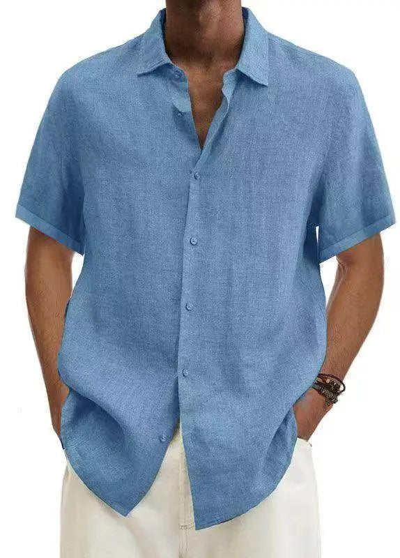 Men's light blue V-neck cotton linen shirt, minimalist style, ZA-Zola fashion UK