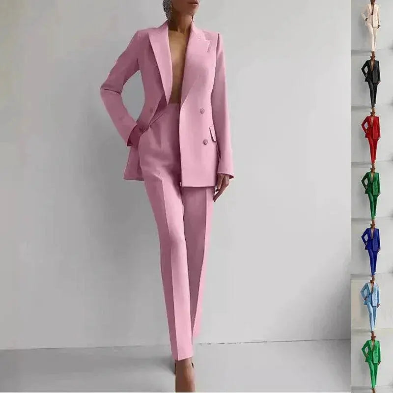 Woman modeling pink slim-fit suit set with jacket and pants, multiple color options, ZA-Zola fashion