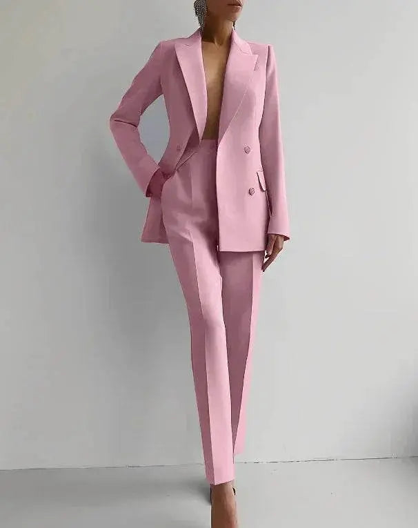 Woman wearing a pink slim-fit blazer and pants suit set, ZA-Zola fashion style